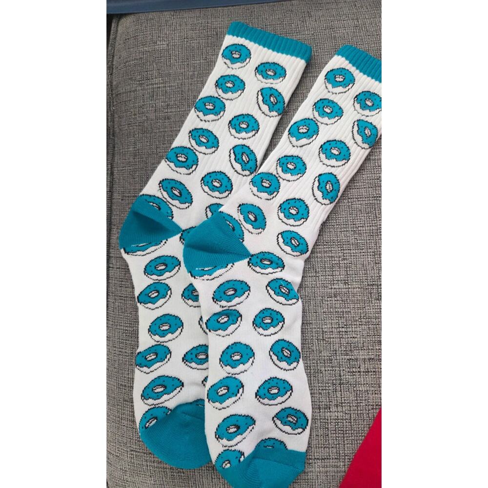 Blue Donut Crew Socks White Teal Graphic Novelty Socks Unisex NWOT